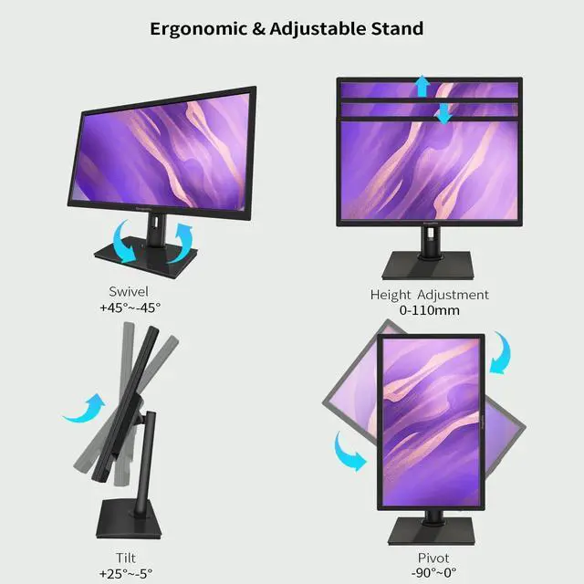 Alt view image 3 of 5 - 23.8 Inch Touchscreen Monitor FHD 1920x1080P, Height/Pivot/Swivel/Tilt Adjustable Desktop PC Touch Display with Built-in Speakers, HDMI, VGA, Type-B, 75Hz Computer Touch Screen Monitor, VESA, Black