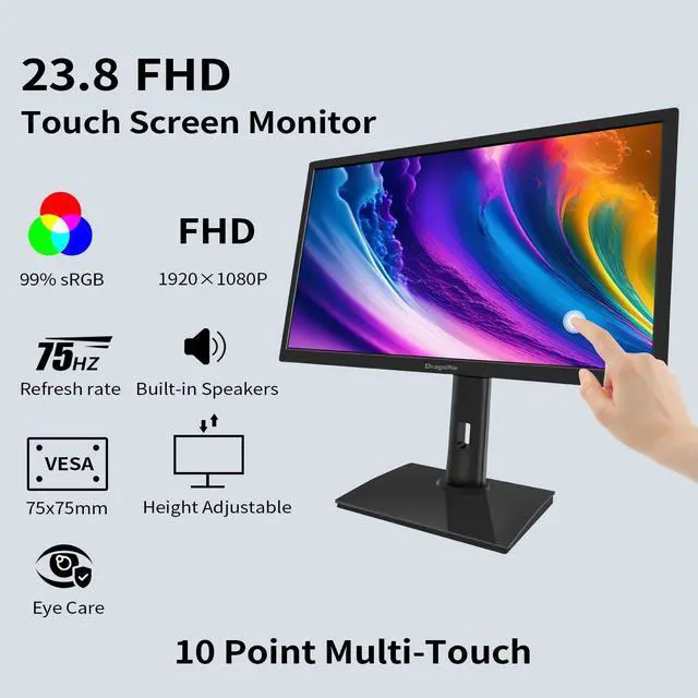 Alt view image 2 of 5 - 23.8 Inch Touchscreen Monitor FHD 1920x1080P, Height/Pivot/Swivel/Tilt Adjustable Desktop PC Touch Display with Built-in Speakers, HDMI, VGA, Type-B, 75Hz Computer Touch Screen Monitor, VESA, Black