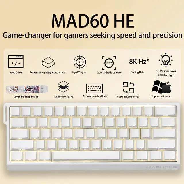 Alt view image 2 of 5 - SUEHIODHYxMADLIONS MAD60 HE RGB 60% Wired Magnetic Switch Mechanical Keyboard with Adjustable Actuation, 8000 Hz Polling Rate, 16 Million Colors RGB Backlit Gaming Keyboard for PC Gamer(White)