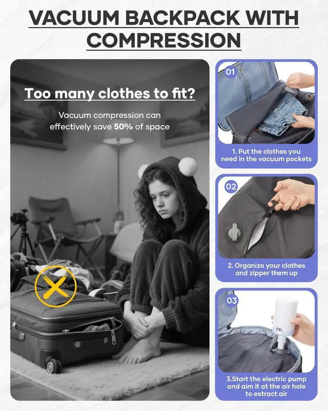 Alt view image 4 of 5 - bergsalz Vacuum Backpack Travel Backpacks With Vacuum System Carry On Backpack With Pump Personal Item Travel Bag With Seal Packing Compression Vacpack Backpacks For Women Men Black