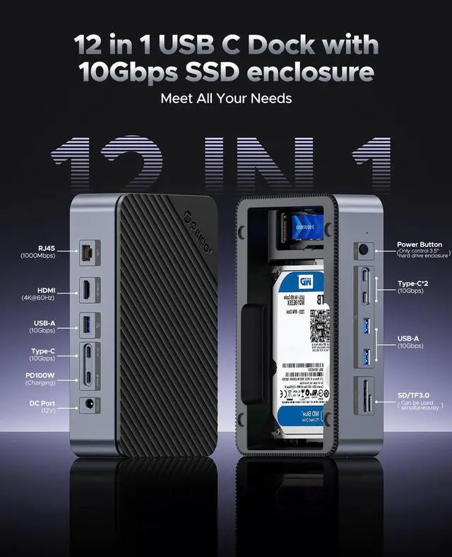 Alt view image 2 of 5 - ORICO 12-in-1 Docking Station with Dual Slot SSD Enclosure, Supports M.2 NVMe & SATA SSD, 2.5/3.5" SATA SSD/HDD, 10Gbps, 4K@60Hz HDMI, 100W PD, Card Reader, Ethernet - D35M2
