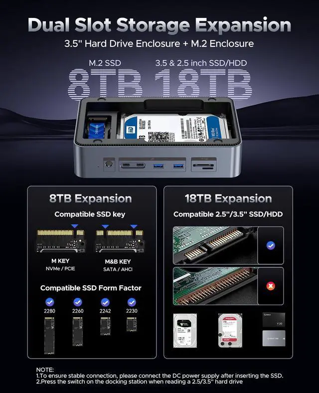 Alt view image 3 of 5 - ORICO 12-in-1 Docking Station with Dual Slot SSD Enclosure, Supports M.2 NVMe & SATA SSD, 2.5/3.5" SATA SSD/HDD, 10Gbps, 4K@60Hz HDMI, 100W PD, Card Reader, Ethernet - D35M2