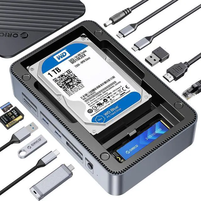 Main image of ORICO 12-in-1 Docking Station with Dual Slot SSD Enclosure, Supports M.2 NVMe & SATA SSD, 2.5/3.5" SATA SSD/HDD, 10Gbps, 4K@60Hz HDMI, 100W PD, Card Reader, Ethernet - D35M2