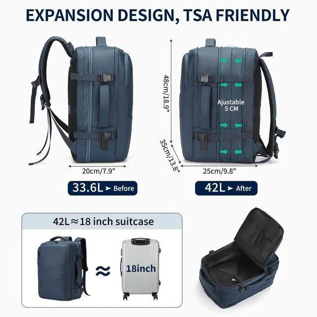 Alt view image 3 of 5 - SUIKIHUM Travel Carry on Backpack, 18.9" Flight Approved, Expandable Weekender Bag with Waterproof USB A/C Port, Equivalent to 18" Suitcase, Blue