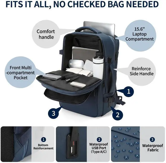 Alt view image 5 of 5 - SUIKIHUM Travel Carry on Backpack, 18.9" Flight Approved, Expandable Weekender Bag with Waterproof USB A/C Port, Equivalent to 18" Suitcase, Blue