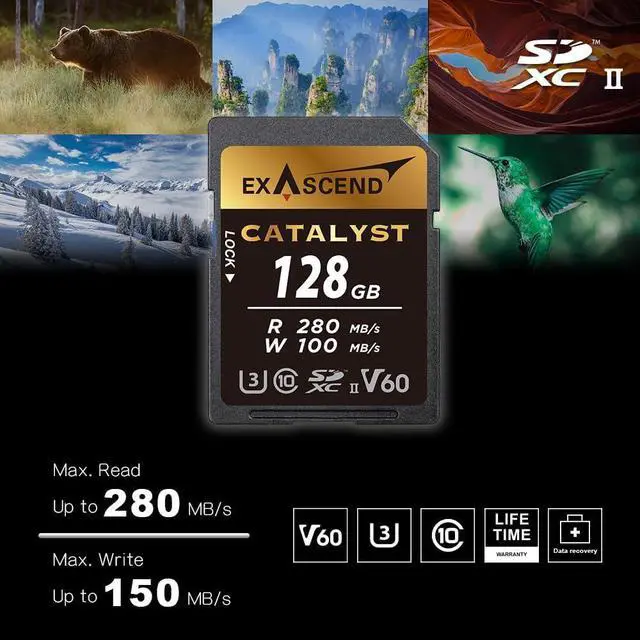 Alt view image 3 of 5 - Exascend 128 GB / 256 GB Catalyst SD Card, C10, U3, V60, up to 280MB/s, Compatible with Canon, Nikon, Panasonic and Other Cameras. (256GB)