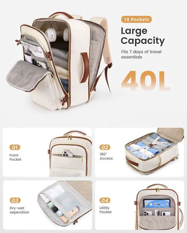 Alt view image 2 of 5 - LOVEVOOK Carry On Travel Backpack for Women, Airline Approved Personal Item Bag with 17" Laptop Compartment, 40L Water-Resistant Weekender Backpack for Travel, Commuting, Business Trips