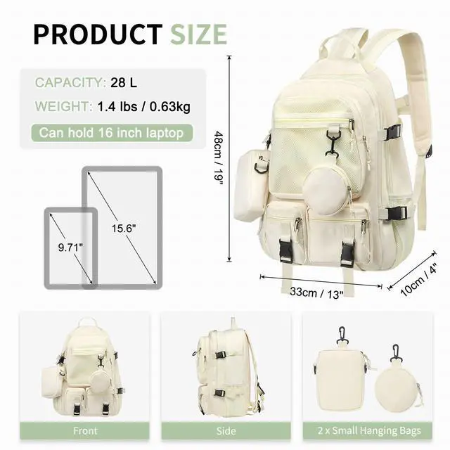 Alt view image 3 of 5 - SUIKIHUM Laptop Backpack 13 Inch College Schoolbag W/2 Hanging Pockets, Large Capacity Korean Style Backpack for Man Girls, Beige