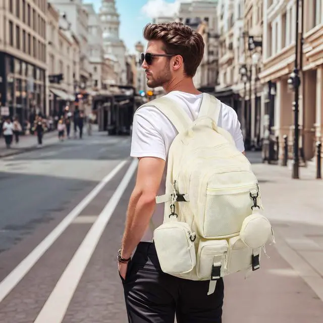 Alt view image 2 of 5 - SUIKIHUM Laptop Backpack 13 Inch College Schoolbag W/2 Hanging Pockets, Large Capacity Korean Style Backpack for Man Girls, Beige