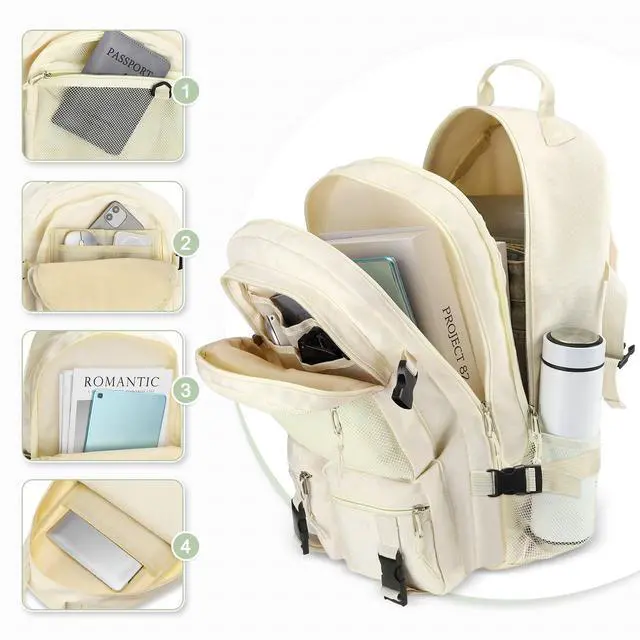 Alt view image 4 of 5 - SUIKIHUM Laptop Backpack 13 Inch College Schoolbag W/2 Hanging Pockets, Large Capacity Korean Style Backpack for Man Girls, Beige