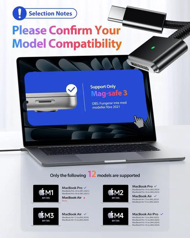 Alt view image 2 of 5 - Stouchi USB-C to Magnetic 3 Cable 6.6ft, 140W Fast Charging for MacBook Air (15''/13'' M4 2025, M3 2024, M2 2023, M2 2022), Pro (16"/14" 2024/2023/2021)Black