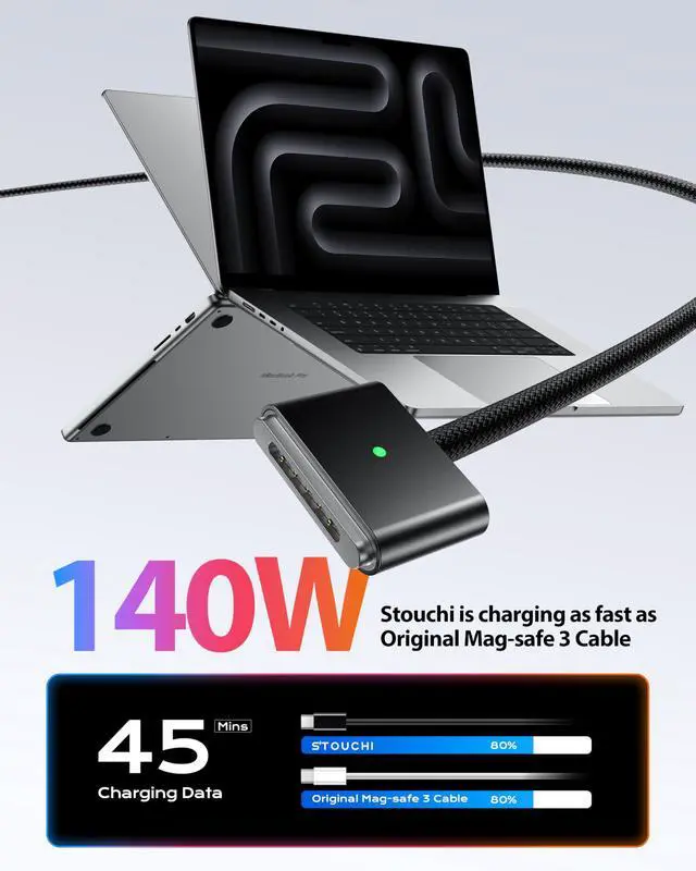 Alt view image 4 of 5 - Stouchi USB-C to Magnetic 3 Cable 6.6ft, 140W Fast Charging for MacBook Air (15''/13'' M4 2025, M3 2024, M2 2023, M2 2022), Pro (16"/14" 2024/2023/2021)Black