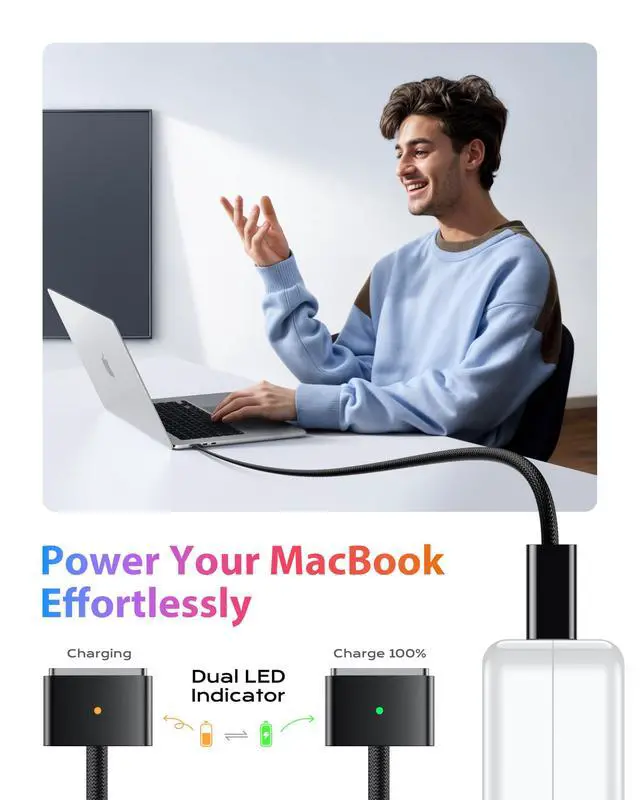 Alt view image 3 of 5 - Stouchi USB-C to Magnetic 3 Cable 6.6ft, 140W Fast Charging for MacBook Air (15''/13'' M4 2025, M3 2024, M2 2023, M2 2022), Pro (16"/14" 2024/2023/2021)Black