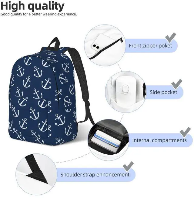 Alt view image 5 of 5 - Duduho Nautical Anchor Navy Blue Backpack 17.7 Inch Laptop Backpack Travel Hiking Daypack Multipurpose Bookbag For Men Women