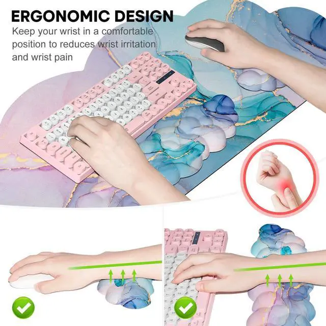 Alt view image 5 of 5 - JIKIOU Large Cloud Mouse Pad Waterproof with Cloud Keyboard Wrist Pad and Cloud Mouse Wrist Pad Set, Ergonomic Computer Desk Wrist Support Mousepad for Keyboard and Mouse 35.4x15.7in Marble Blue