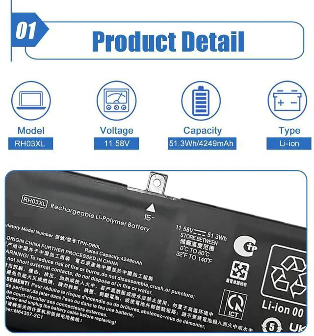 Alt view image 3 of 5 - Dentsing 51.3Wh RH03XL Laptop Battery Replacement for HP Probook 440 G10 445 G10 G11 450 G9 G10 455 G10 460 G11 465 G11 Series EliteBook 640 G9 G10 650 G10 655 G10 Series HSTNN-LB9D M75017-AC1 11.58V