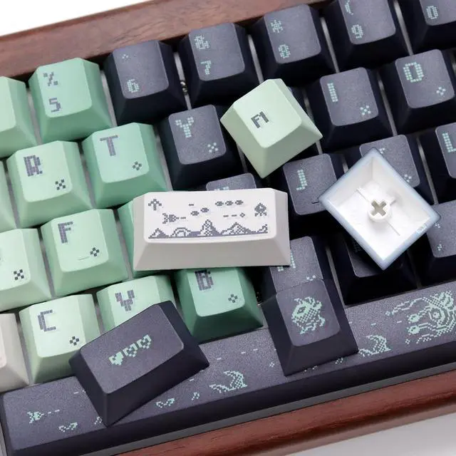 Alt view image 4 of 5 - YMKPVR KBDiy Space War Pixel Keycap Set 142 Keys Five-Sided Dye-Sublimation Keycaps,Cherry Profile PBT Green Custom Keyboard Keycap for 61/64/68/84/87/100/104/108 Mechanical Keyboard