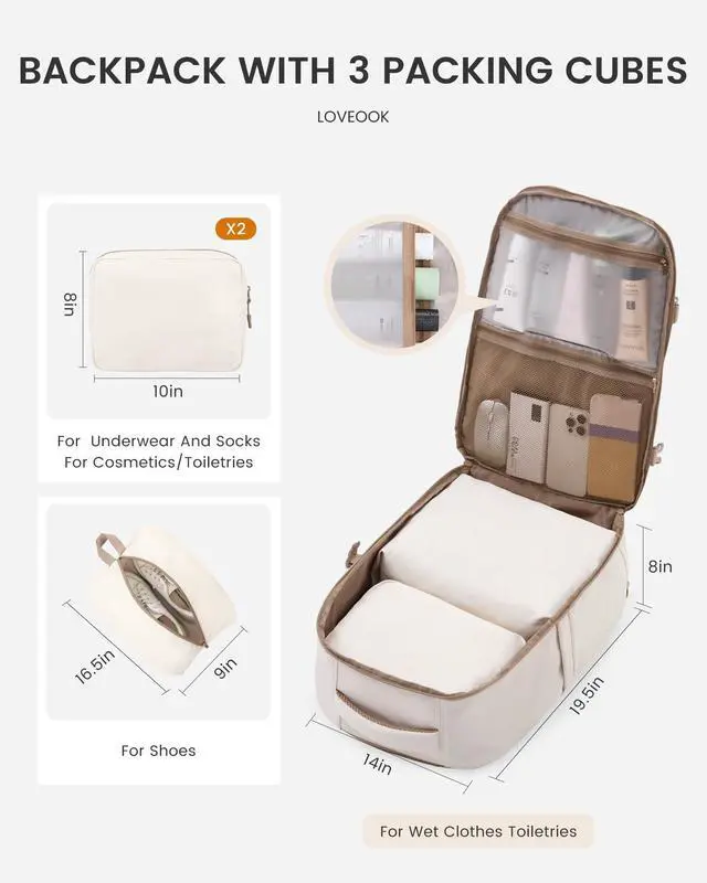 Alt view image 3 of 5 - LOVEVOOK Travel Backpack,50L Carry On Backpack Large Fits 18" Laptop,TSA Personal Item Travel Bag with 3 Packing Cubes,Water Resistant Laptop Bag Travel Essentials for Weekender Business Hiking