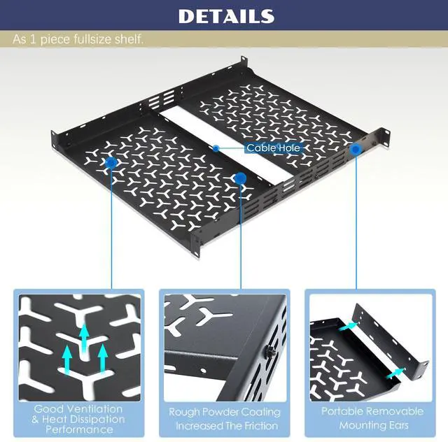 Alt view image 4 of 5 - OCEANHUG 1U Rack Shelves (2-Pack), 2 PCS 10" Deep Cantilever, with Optional Joints to Combine as One Full Size Server Rack Shelf