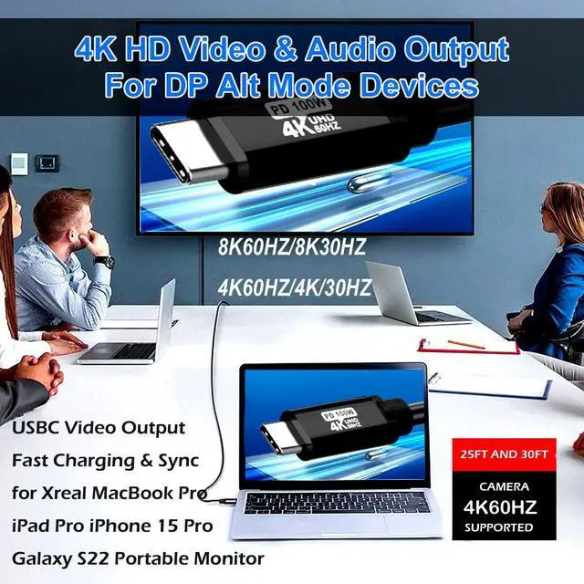 Alt view image 3 of 5 - USB TYPE C to C Cable 30FT, 8K60HZ GEN2x2(Data usb2.0),TYPE C Video Output From USB3.2/ USB4.0 (NOT 100% Fast Charging) & Sync for Xreal MacBook Pro iPad Pro iPhone 15 Pro Galaxy S22 Portable Monitor