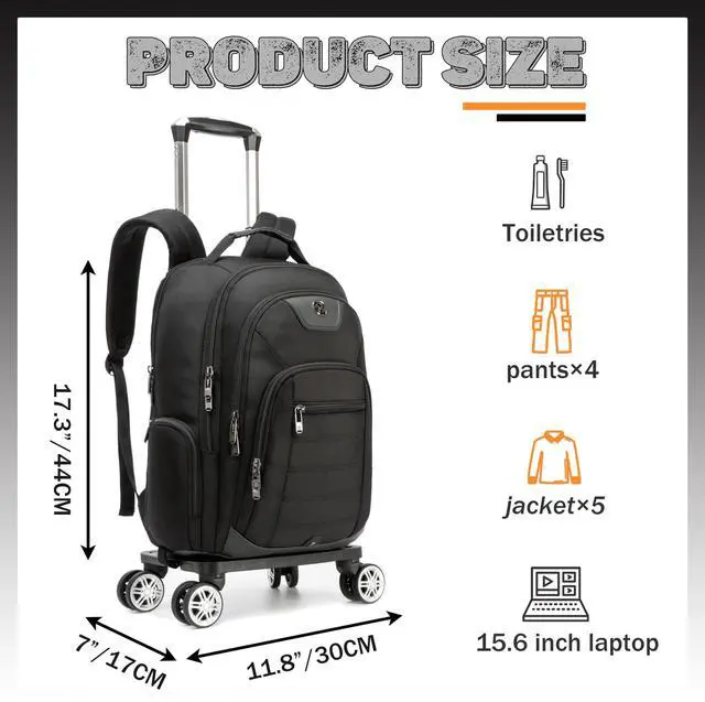 Alt view image 3 of 5 - Homskiii Rolling Laptop Backpack for Men Carry on Luggage Roller Backpack with Wheels Removable Wheels and Trolley Black Wheeled Backpacks for Travel Airline Approved