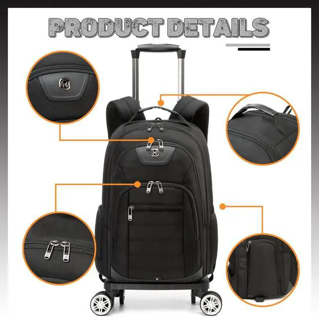 Alt view image 4 of 5 - Homskiii Rolling Laptop Backpack for Men Carry on Luggage Roller Backpack with Wheels Removable Wheels and Trolley Black Wheeled Backpacks for Travel Airline Approved
