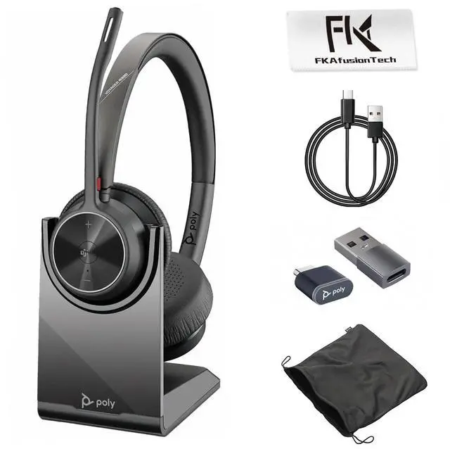 Main image of FKAfusiontech Poly Voyager 4320 UC Wireless Headset & Charge Stand - Connects to PC/Mac/Mobile Phone via Bluetooth with USB-C to A Adapter & USB C Dongle & USB A-C Cable & Storage Bag and Fiber Cloth