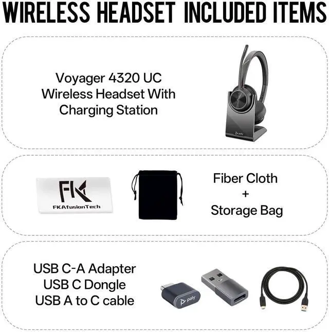 Alt view image 2 of 5 - FKAfusiontech Poly Voyager 4320 UC Wireless Headset & Charge Stand - Connects to PC/Mac/Mobile Phone via Bluetooth with USB-C to A Adapter & USB C Dongle & USB A-C Cable & Storage Bag and Fiber Cloth