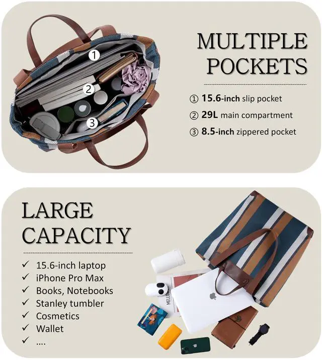 Alt view image 2 of 5 - Large Women's Work Tote Bag  15.6in Laptop Compartment,Canvas Shoulder Bag for Office & Daily Use,Tote Bag with Spacious Storage (BROWN, Extra Large)