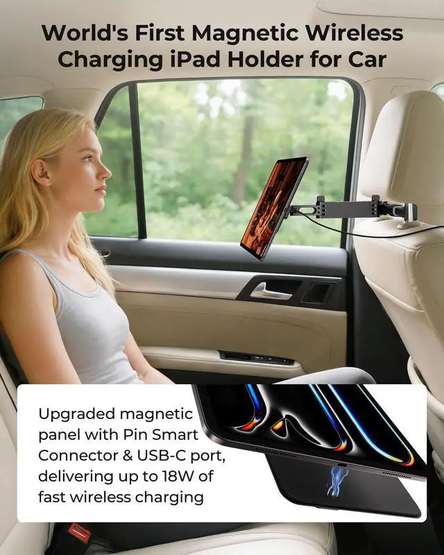 Alt view image 3 of 5 - KU XIU Magnetic Wireless Charging Car Headrest Tablet Holder for iPad Pro 13'' M4 [2024] Only, Adjustable Long Arm Tablet Car Mount Back Seat for Kids, Road Trip Essentials Holder with Air Vent Stand
