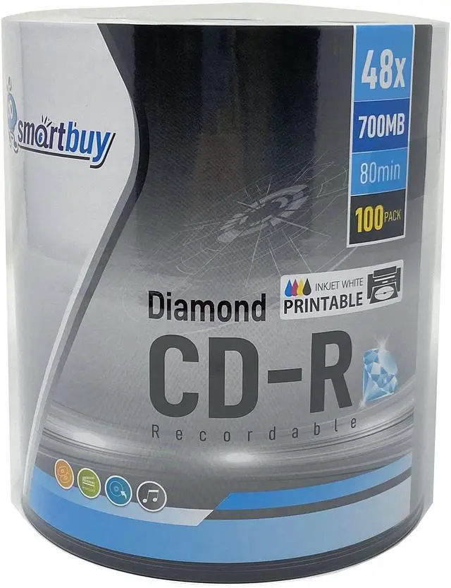 Main image of 100 Pack Smartbuy Diamond CD-R 48X 700mb/80min White Inkjet Hub Printable Top with Silver Diamond Bottom Blank Data Recordable Disc