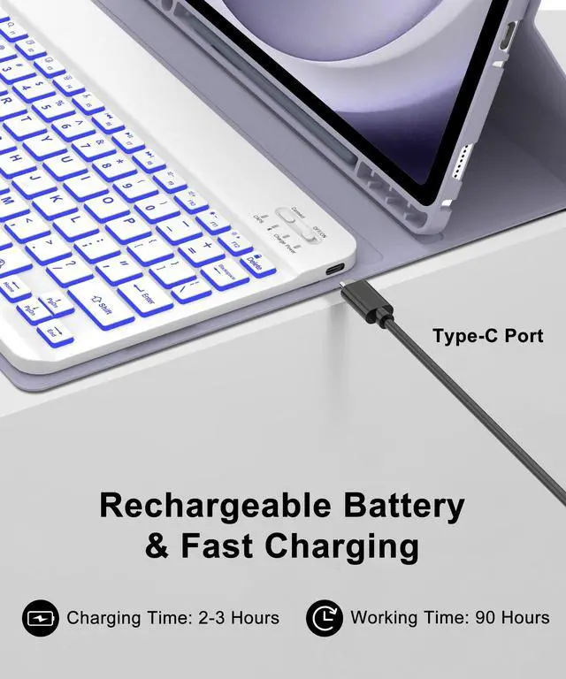 Alt view image 3 of 5 - Keyboard Case for Samsung Galaxy Tab A9 Plus 11 Inch 2023 Protector Case with Backlit Key Board, for Samsung Tablet Keyboard A9+ Folio with Pen Holder, Wireless Keypad with Colors Backlight, Lavender