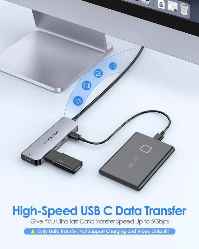 Alt view image 3 of 5 - LENTION USB C Hub, 2FT Long Cable Multiport Adapter, 4 USB3.0 Ports (USB-C Type, 5Gpbs), Powered Port,Compatible MacBook Pro, iMac, iPad Pro, iPhone 15/15 Pro, and More (CE31,Space Gray)