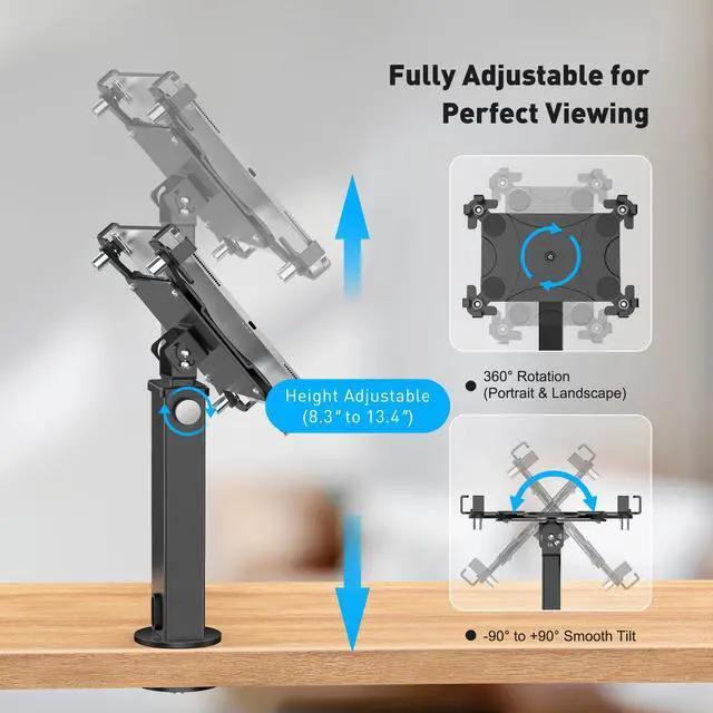 Alt view image 5 of 5 - AboveTEK iPad Desk Grommet Mount, Adjustable Tablet Desk Mount with 360° Rotation & 180° Tilt, Fits 9.7"-13" Tablets, Anti-Theft iPad Stand, Heavy-Duty Aluminum Tablet Stand, Perfect for Work (Black)