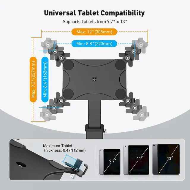 Alt view image 4 of 5 - AboveTEK iPad Desk Grommet Mount, Adjustable Tablet Desk Mount with 360° Rotation & 180° Tilt, Fits 9.7"-13" Tablets, Anti-Theft iPad Stand, Heavy-Duty Aluminum Tablet Stand, Perfect for Work (Black)