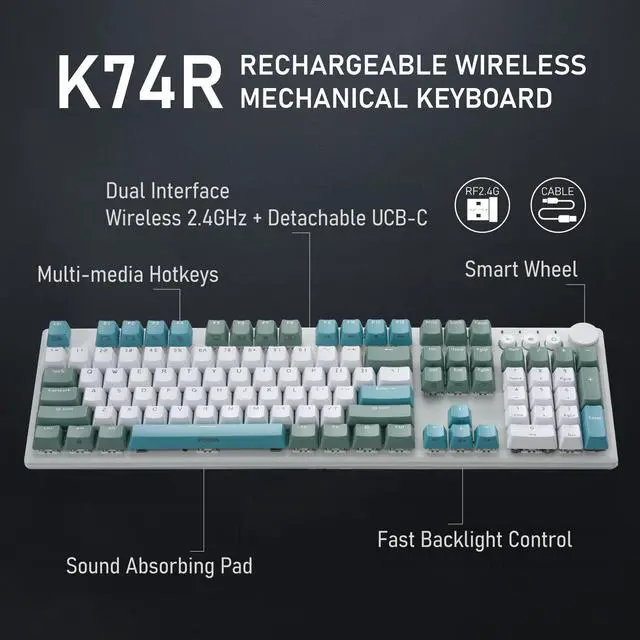 Alt view image 2 of 5 - iRocks K74R Wireless RGB Illuminated Mechanical Gaming Keyboard, Hot-Swappable Switches, Easy-Clean Floating Design, PBT 107 Keys NKRO, Detachable USB-C Cable - Island Blue (Red Switches)
