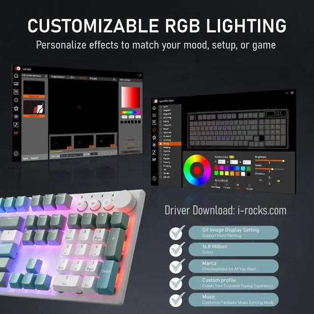 Alt view image 3 of 5 - iRocks K74R Wireless RGB Illuminated Mechanical Gaming Keyboard, Hot-Swappable Switches, Easy-Clean Floating Design, PBT 107 Keys NKRO, Detachable USB-C Cable - Island Blue (Red Switches)