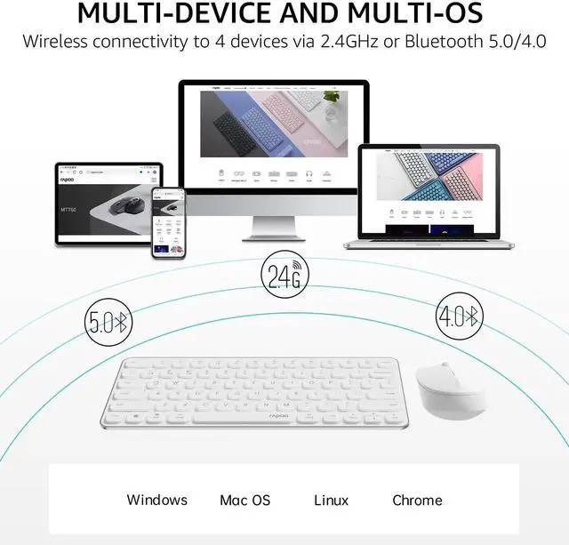 Alt view image 2 of 5 - Rapoo 9010M Multi-Device Keyboard and Mouse Combo, 2.4GHz/Bluetooth 5.0/4.0 Wireless Keyboard & Mouse Set for Windows/Mac/Linux/Chrome, Support 4 Devices, Low-Profile Silent Click, Battery Powered