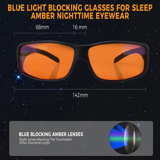 Alt view image 4 of 5 - FIONOFY Fit Over 100% Blue Light Blocking Glasses for Sleep - Amber Nighttime Eyewear, Wraparound Sleep Glasses, Anti-Blue Blocking Computer Gaming Glasses for Men Women, Black