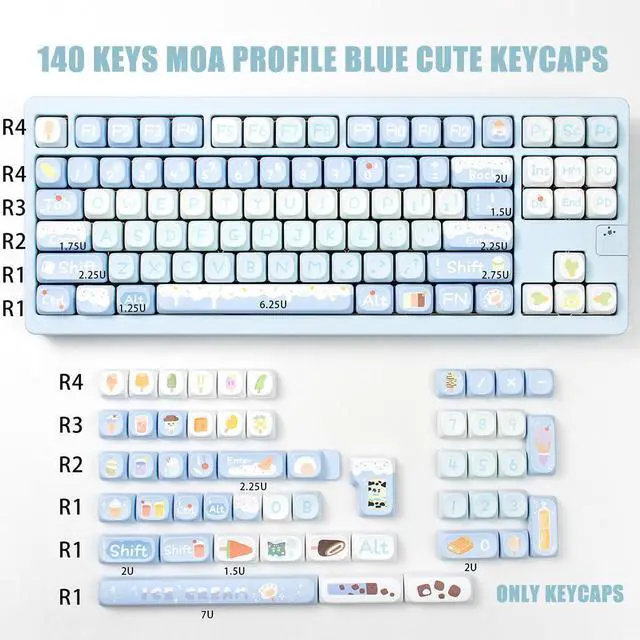 Alt view image 2 of 5 - Sumgsn Round Moa Profile Keycaps-140 Keys Cute Blue PBT Keyboard Keycap Set for with Keycaps Puller for Cherry MX Switches Mechanical Keyboard