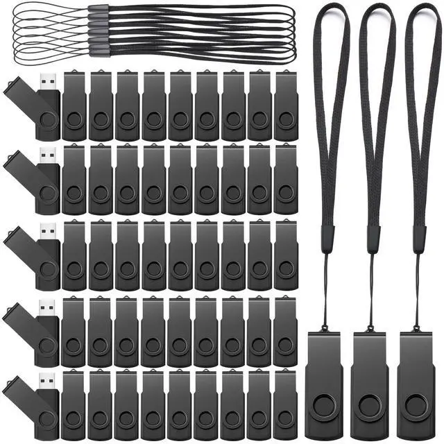 Main image of Aoriher 50 Pack USB 2.0 Flash Drives Bulk, Portable USB Thumb Drives with Lanyards, Swivel Flash Drives Thumb Drives for Office School Data Storage (Black, 2GB)