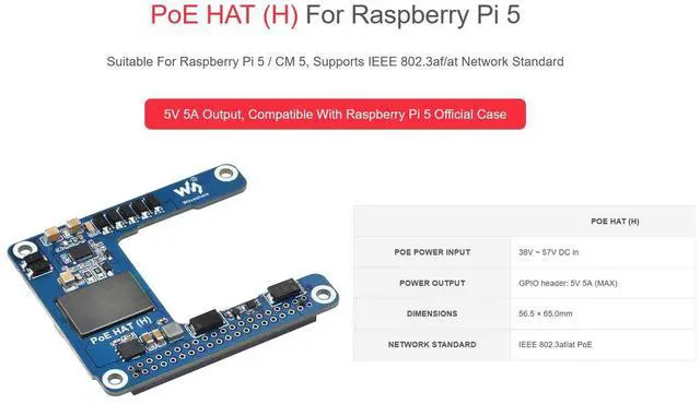Alt view image 2 of 5 - Power Over Ethernet (PoE) HAT for Raspberry Pi 5 / CM5, 802.3af/at PoE Network Standard, 5V 5A Output, Isolated Switched-Mode Power Supply, Compatible with Pi5 Official Case and Active Cooler