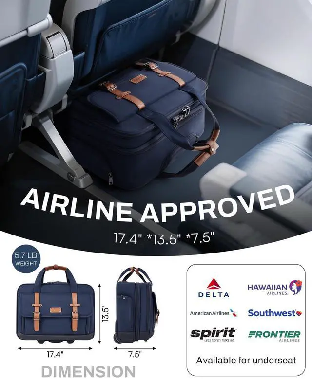 Alt view image 2 of 5 - Rolling Laptop Bag for Men and Women, 17 Inch Roller Computer Briefcase, Underseat Carry On Luggage Suitcase with Wheels, Waterproof 2 Wheeled Case for Work, Travel, College, Mobile Office Bag, Navy