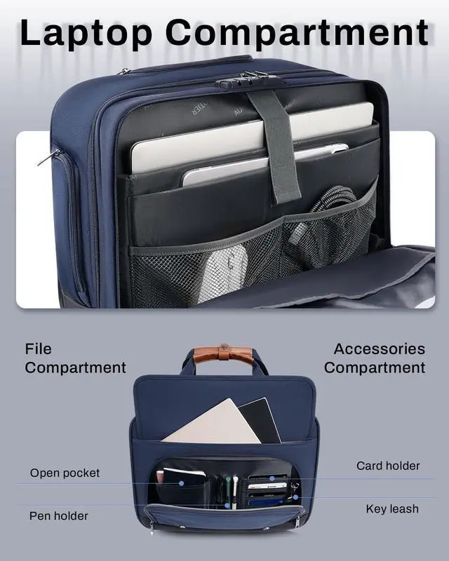 Alt view image 4 of 5 - Rolling Laptop Bag for Men and Women, 17 Inch Roller Computer Briefcase, Underseat Carry On Luggage Suitcase with Wheels, Waterproof 2 Wheeled Case for Work, Travel, College, Mobile Office Bag, Navy