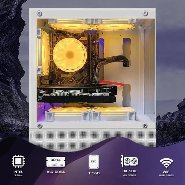 Alt view image 2 of 5 - STGAubron Gaming PC Desktop, Intel 10th Gen G5905 3.5G, Radeon RX 580 16G, 16G DDR4, 1TB SSD, WiFi, BT 5.0, RGB Fan x5, Windows 11 Home