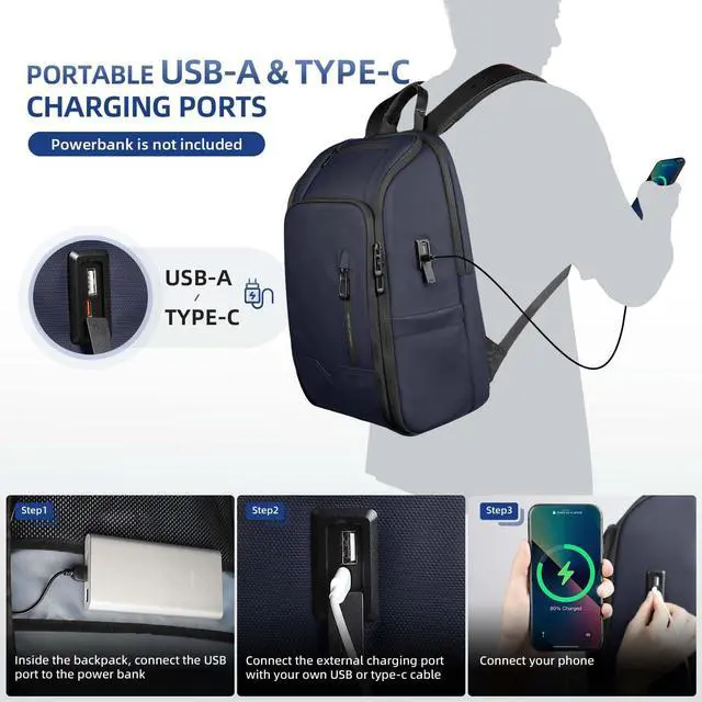 Alt view image 3 of 5 - Business Backpack Computer Bag for 15.6 Inch Laptop for Men Women with USB Charging Port Water-Resistant Anti-theft Luggage Backpack Suitcase Casual Daypack for College Weekender Hikking Travel-Blue
