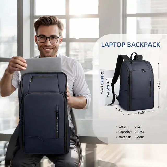 Alt view image 2 of 5 - Business Backpack Computer Bag for 15.6 Inch Laptop for Men Women with USB Charging Port Water-Resistant Anti-theft Luggage Backpack Suitcase Casual Daypack for College Weekender Hikking Travel-Blue