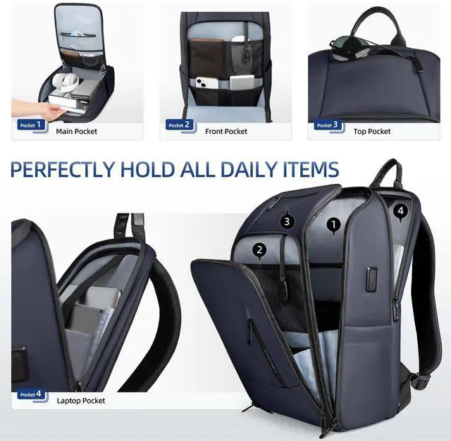 Alt view image 4 of 5 - Business Backpack Computer Bag for 15.6 Inch Laptop for Men Women with USB Charging Port Water-Resistant Anti-theft Luggage Backpack Suitcase Casual Daypack for College Weekender Hikking Travel-Blue