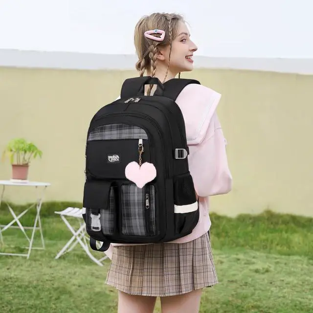 Alt view image 2 of 5 - qodbopack 3PCS Backpack For School Women College Middle High Teen Girls Student Bookbag Waterproof Laptop Bag Plaid Black