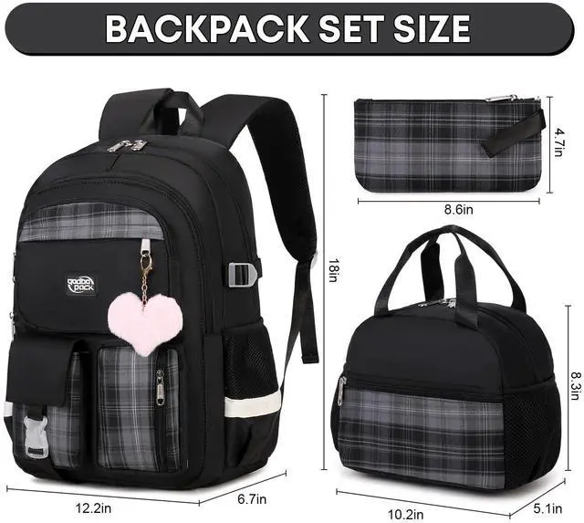Alt view image 3 of 5 - qodbopack 3PCS Backpack For School Women College Middle High Teen Girls Student Bookbag Waterproof Laptop Bag Plaid Black